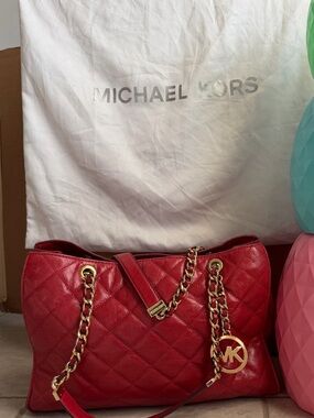 Michael Kors Red Quilted Shoulder Bag with Gold Chain